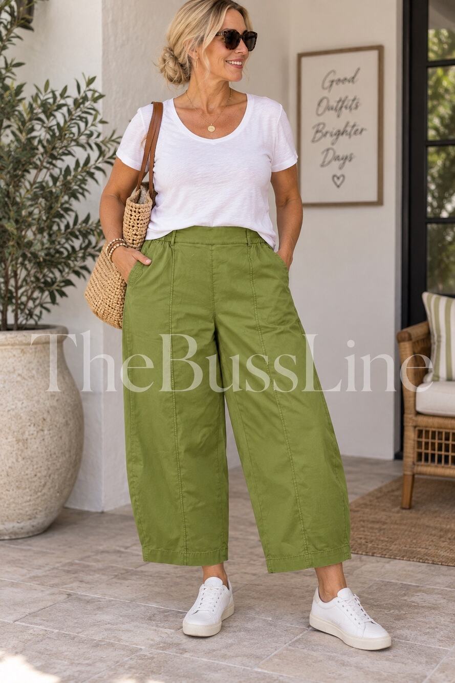 Lane Bryant Pants Size 18 Green Barrel Leg Cropped Elastic Waist Cotton NWT